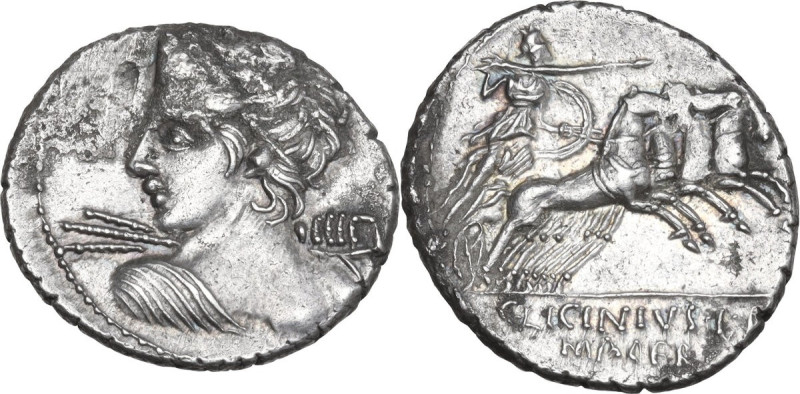 C. Licinius L. f. Macer. AR Denarius, 84 BC. Obv. Diademed and draped bust of Ve...