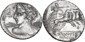 C. Licinius L. f. Macer. AR Denarius, 84 BC. Obv. Diademed and draped bust of Vejovis left turned from spectator, hurling thunderbolt. Rev. Minerva in...