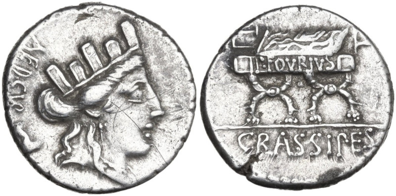 P. Furius Crassipes. AR Denarius, 84 BC. Obv. Turreted head of Cybele right; beh...