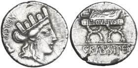 P. Furius Crassipes. AR Denarius, 84 BC. Obv. Turreted head of Cybele right; behind, AED·CVR (sometimes CVR ligate) and foot upwards. Rev. Curule chai...