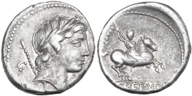 Pub. Crepusius. AR Denarius, 82 BC. Obv. Laureate head of Apollo right; behind, sceptre and G. Rev. Horseman galloping right; in exergue, P·CREPVSI. C...