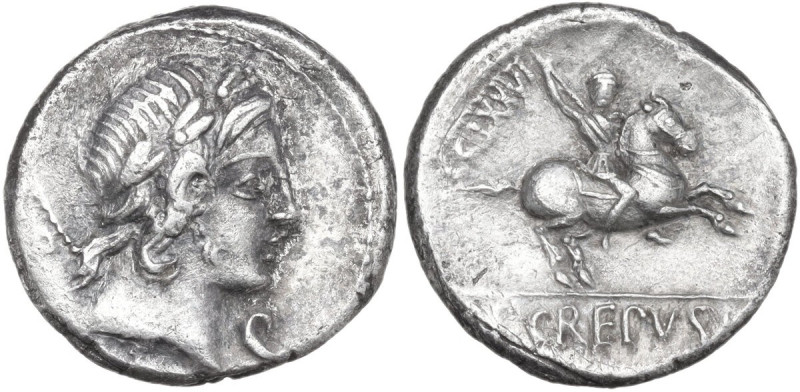 Pub. Crepusius. AR Denarius, 82 BC. Obv. Laureate head of Apollo right; behind, ...