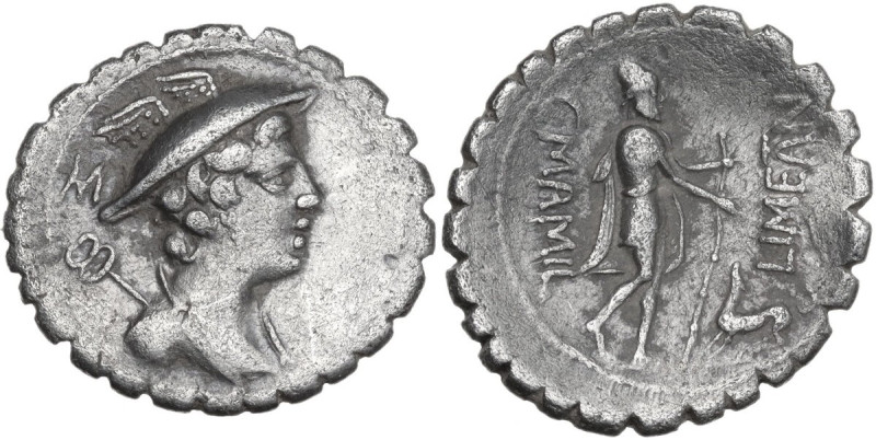 C. Mamilius Limetanus. AR Denarius serratus, 82 BC. Obv. Draped bust of Mercury ...