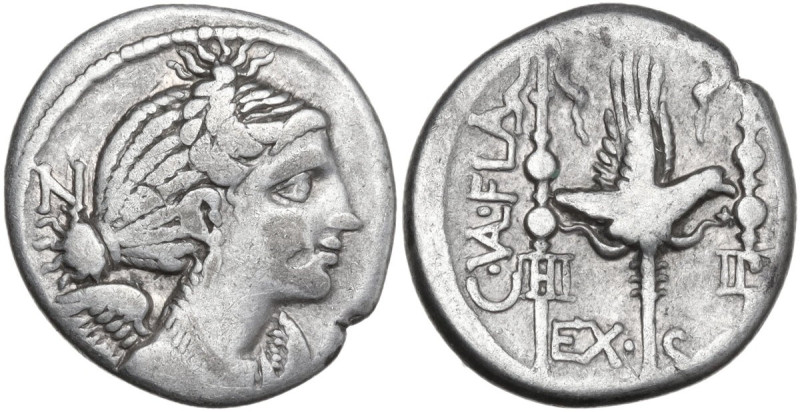 C. Valerius Flaccus. AR Denarius, Massalia mint, 82 BC. Obv. Draped bust of Vict...