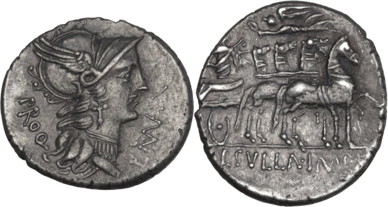 L. Manlius Torquatus. AR Denarius, mint moving with Sulla, 82 BC. Obv. Helmeted ...