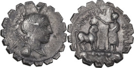 A. Postumius Albinus. AR Denarius serratus, 81 BC. Obv. Draped bust of Diana right, bow and quiver on shoulder; above, bucranium. Rev. A·POST·A·F·S·N·...