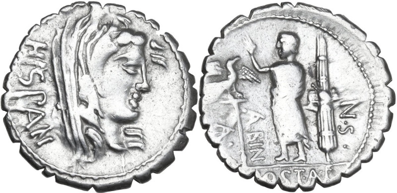 A. Postumius Albinus. AR Denarius serratus, 81 BC. Obv. HISPAN. Veiled head of H...