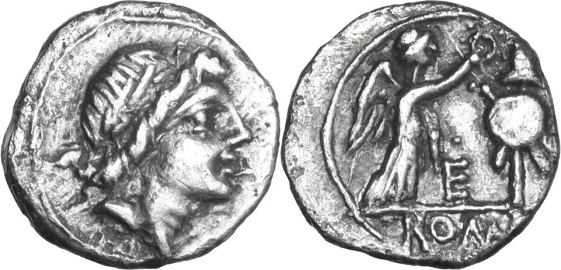 Anonymous. AR Quinarius, uncertain mint, 81 BC. Obv. Laureate head of Apollo rig...