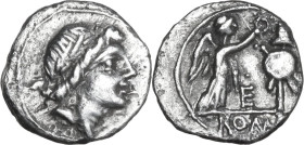Anonymous. AR Quinarius, uncertain mint, 81 BC. Obv. Laureate head of Apollo right. Rev. Victory standing right, crowning trophy; between, E; in exerg...