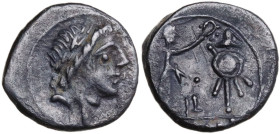 Anonymous. AR Quinarius, uncertain mint, 81 BC. Obv. Laureate head of Apollo right. Rev. Victory standing right, crowning trophy; between, dot above I...