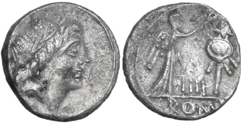 Anonymous. AR Quinarius, uncertain mint, 81 BC. Obv. Laureate head of Apollo rig...