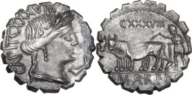 C. Marius C.f. Capito. AR Denarius serratus, 81 BC. Obv. Draped bust of Ceres right; below chin, control-symbol; around, CAPIT and CXXXVIII. Rev. Plou...