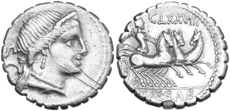 C. Naevius Balbus. AR Denarius serratus, 79 BC. Obv. Diademed head of Venus righ...
