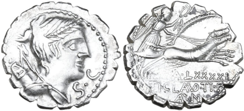 Ti. Claudius Ti. f. Ap. n. Nero. AR Denarius serratus, 79 BC. Obv. Draped bust o...