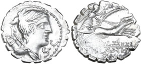 Ti. Claudius Ti. f. Ap. n. Nero. AR Denarius serratus, 79 BC. Obv. Draped bust of Diana right, bow and quiver on shoulder; before, S·C. Rev. Victory i...