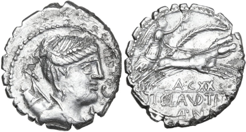 Ti. Claudius Ti. f. Ap. n. Nero. AR Denarius serratus, 79 BC. Obv. Draped bust o...