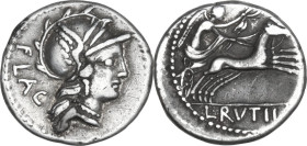 L. Rutilius Flaccus. AR Denarius, 77 BC. Obv. Helmeted head of Roma right; behind, FLAC. Rev. Victory in biga right; in exergue, L·RVTILI. Cr. 387/1; ...