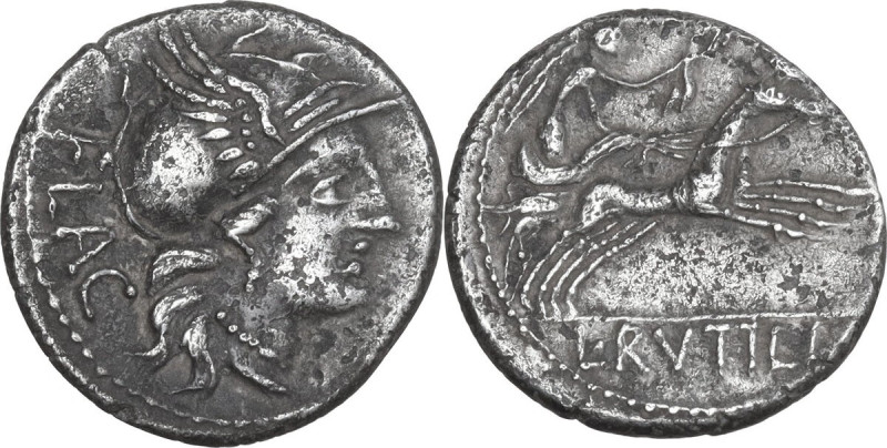 L. Rutilius Flaccus. AR Denarius, 77 BC. Obv. Helmeted head of Roma right; behin...