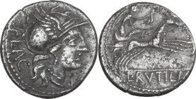 L. Rutilius Flaccus. AR Denarius, 77 BC. Obv. Helmeted head of Roma right; behind, FLAC. Rev. Victory in biga right; in exergue, L·RVTILI. Cr. 387/1; ...