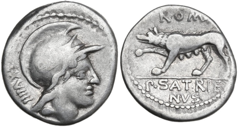 P. Satrienus. AR Denarius, 77 BC. Obv. Helmeted head of Roma right; behind, LXVI...