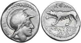 P. Satrienus. AR Denarius, 77 BC. Obv. Helmeted head of Roma right; behind, LXVIIII. Rev. She-wolf left, right forepaw raised; above, ROMA; in exergue...
