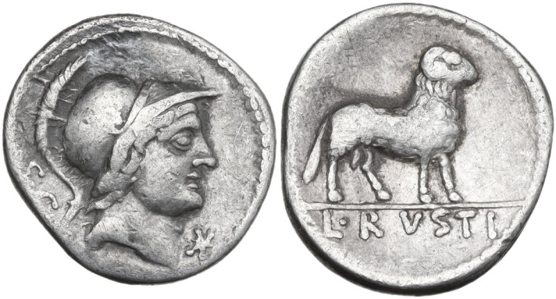L. Rustius. AR Denarius, 76 BC. Obv. Helmeted head of young Mars right; behind, ...
