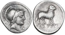 L. Rustius. AR Denarius, 76 BC. Obv. Helmeted head of young Mars right; behind, S·C; below chin, barred X. Rev. Ram standing right; in exergue, L·RVST...