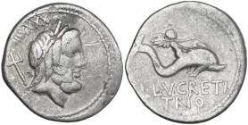 L. Lucretius Trio. AR Denarius, 76 BC. Obv. Laureate head of Neptune right, trident over shoulder; behind, control-mark. Rev. Winged boy on dolphin sw...