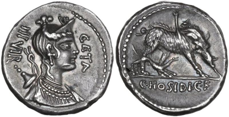 C. Hosidius C. f. Geta. AR Fourreè Denarius, 68 BC. Obv. GETA-III·VIR. Diademed ...