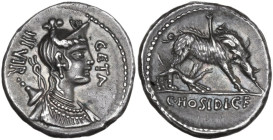 C. Hosidius C. f. Geta. AR Fourreè Denarius, 68 BC. Obv. GETA-III·VIR. Diademed and draped bust of Diana right (smaller head), with bow and quiver ove...