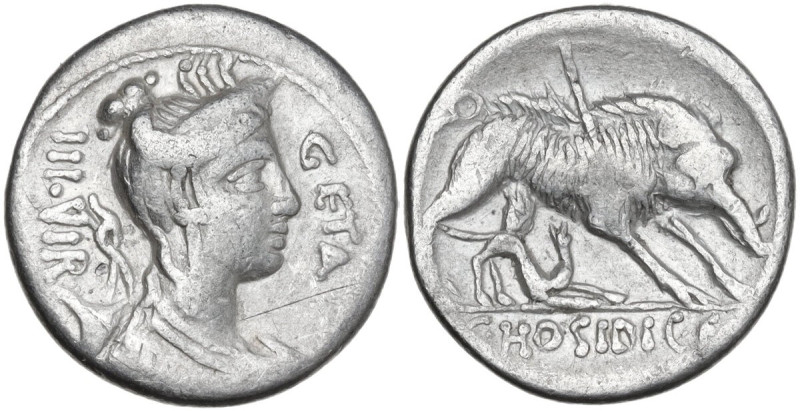 C. Hosidius C. f. Geta. AR Denarius, 68 BC. Obv. GETA-III·VIR. Diademed and drap...