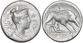 C. Hosidius C. f. Geta. AR Denarius, 68 BC. Obv. GETA-III·VIR. Diademed and draped bust of Diana right (smaller head), with bow and quiver over should...