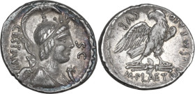 M. Plaetorius M. f. Cestianus. AR Denarius, 67 BC. Obv. Draped bust right with attributes of Isis, Minerva, Apollo, Diana and Victory; before, cornuco...