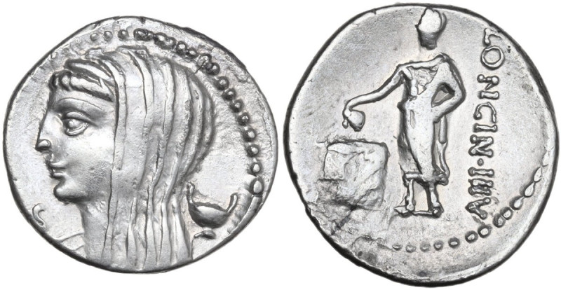 L. Cassius Longinus. AR Denarius, 63 BC. Obv. Veiled and draped bust of Vesta le...