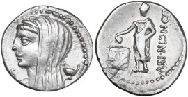 L. Cassius Longinus. AR Denarius, 63 BC. Obv. Veiled and draped bust of Vesta left; on right, dish; on left, S. Rev. Voter standing left, dropping tab...
