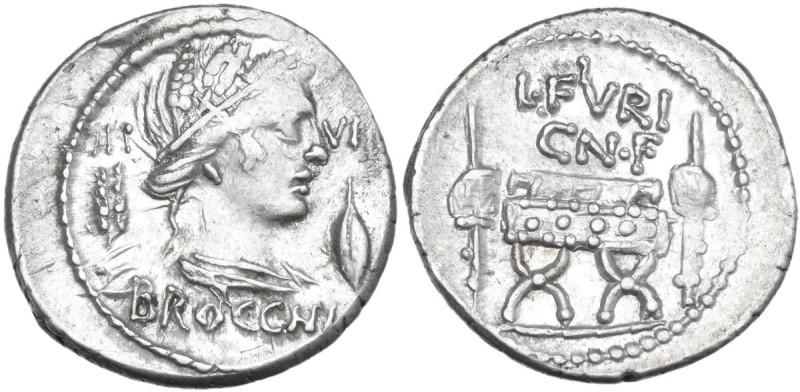 L. Furius Cn. f. Brocchus. AR Denarius, 63 BC. Obv. III-VIR. Head of Ceres right...