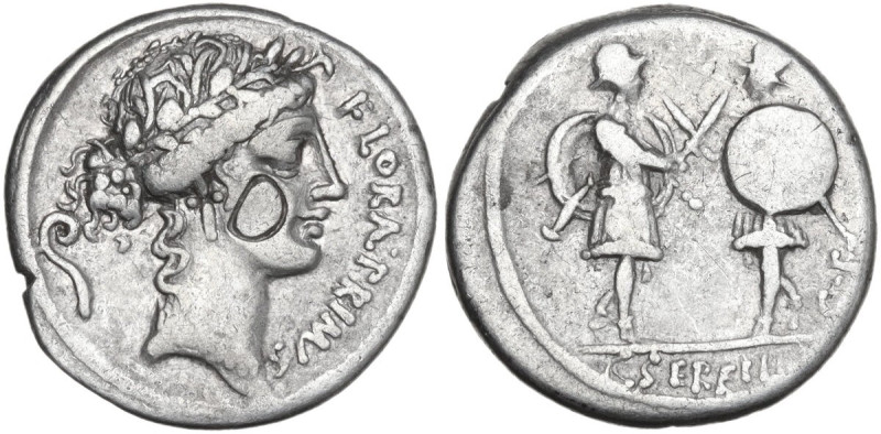 C. Servilius C.f. AR Denarius, 57 BC. Obv. Wreathed head of Flora right; behind,...