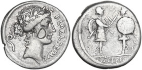 C. Servilius C.f. AR Denarius, 57 BC. Obv. Wreathed head of Flora right; behind, lituus; before, FLORAL·PRIMVS (MV ligate). Rev. Two soldiers facing e...