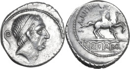 L. Marcius Philippus. AR Denarius, 56 BC. Obv. Diademed head of Ancus Marcius right; behind, lituus; below, ANCVS. Rev. PHILIPPVS. Equestrian statue r...