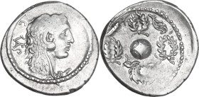 Faustus Cornelius Sulla. AR Denarius, 56 BC. Obv. Head of young Hercules right, wearing lion's skin; behind, S·C. Rev. Globe surrounded by four wreath...