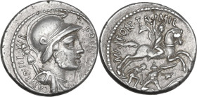 P. Fonteius Capito. AR Denarius, 55 BC. Obv. P·FONTEIVS·P·F·CAPITO·III·VIR. Helmeted and draped bust of Mars right, with trophy over shoulder. Rev. MN...