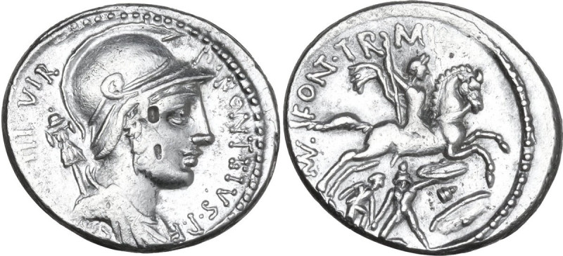 P. Fonteius Capito. AR Denarius, 55 BC. Obv. P·FONTEIVS·P·F·CAPITO·III·VIR. Helm...
