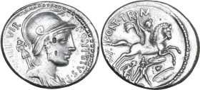 P. Fonteius Capito. AR Denarius, 55 BC. Obv. P·FONTEIVS·P·F·CAPITO·III·VIR. Helmeted and draped bust of Mars right, with trophy over shoulder. Rev. MN...