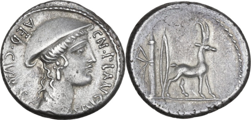 Cn. Plancius. AR Denarius, 55 BC. Obv. Head of Diana Planciana right, wearing ca...