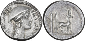 Cn. Plancius. AR Denarius, 55 BC. Obv. Head of Diana Planciana right, wearing causia; before, CN·PLANCIVS; behind, AED·CVR·S·C. Rev. Cretan goat right...