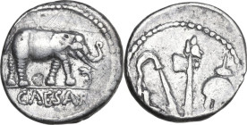 Caius Julius Caesar. AR Denarius, mint moving with Caesar, 49-48 BC. Obv. Elephant advancing right, trampling on horned snake; in exergue, CAESAR. Rev...