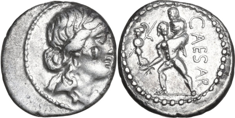 Julius Caesar. AR Denarius, Africa, 47-46 BC. Obv. Head of Venus right, wearing ...