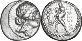 Julius Caesar. AR Denarius, Africa, 47-46 BC. Obv. Head of Venus right, wearing diadem. Rev. Aeneas left, carrying palladium in right hand and Anchise...