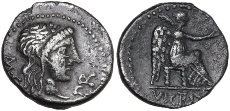 M. Porcius Cato. AR Quinarius, Africa, 47-46 BC. Obv. Head of Liber right, weari...