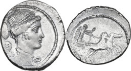 T. Carisius. AR Denarius, 46 BC. Obv. Draped bust of Victory right; behind, S·C. Rev. Victory in quadriga right, holding reins and wreath; in exergue,...